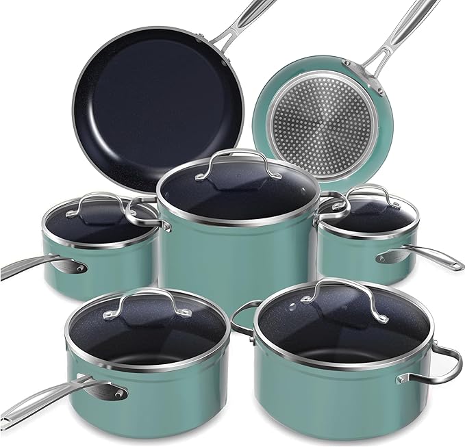 Nuwave Healthy Duralon Blue Ceramic Nonstick Cookware Set Diamond Infused Scratch-Resistant PFAS Free Dishwasher &amp Oven Safe Induction Ready &amp Evenly Heats Tempered Glass Lids &amp Stay-