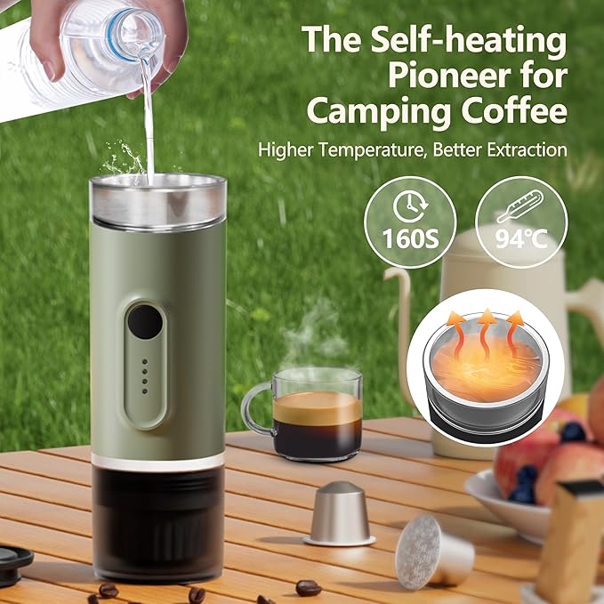 Portable Electric Espresso Machine Self-Heating Travel Coffee Maker with USB-C Compatible with Ground Coffee &amp NS Capsules Ideal for Camping Car RV Hiking &amp Office (Army Green)