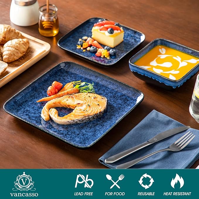 vancasso Stern Blue Dinner Set Square Reactive Glaze Tableware 12 Pieces Kitchen Dinnerware Stoneware Crockery Set with Dinner Plate Dessert Plate Bowl Service for 4