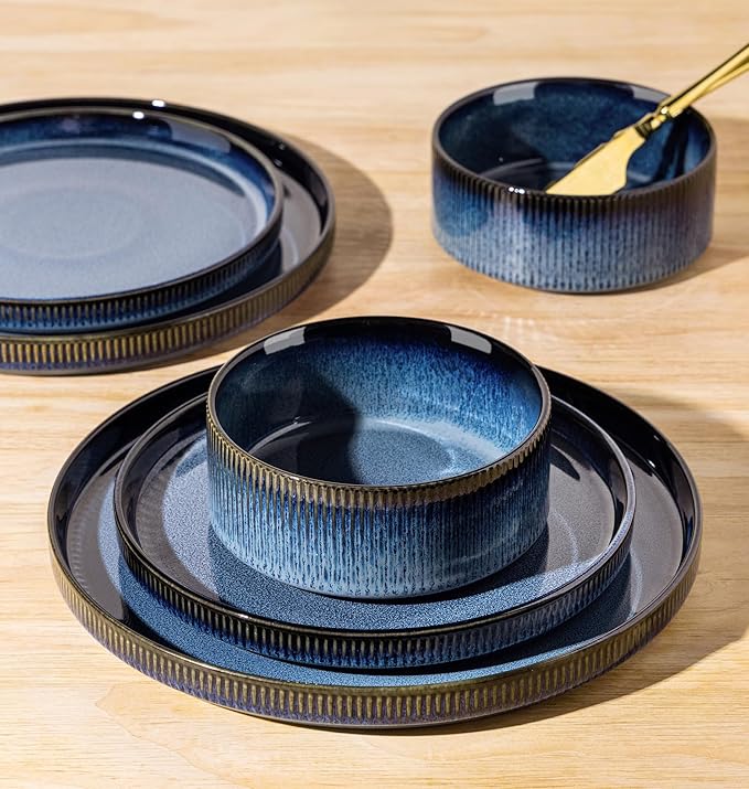 TheTerra Ceramic Dinnerware Sets for 4 12 Pieces Porcelain Lightweight Plates and Bowls Sets Scratch Resistant Dish Set Oven &amp Microwave &amp Dishwasher Safe Starry Blue