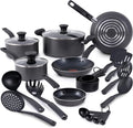 T-fal Initiatives Nonstick Cookware Set 18 Piece Oven Broiler Safe 350F Kitchen Cooking Set w/Fry Pans Saucepans Stockpots Skillet Spoons Lids Pots and Pans Set Dishwasher Safe Stone Grey