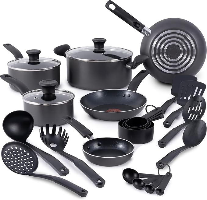 T-fal Initiatives Nonstick Cookware Set 18 Piece Oven Broiler Safe 350F Kitchen Cooking Set w/Fry Pans Saucepans Stockpots Skillet Spoons Lids Pots and Pans Set Dishwasher Safe Stone Grey