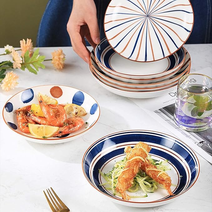 Kitchen Tableware SetCeramics Dinner Sets Retro Annual Ring Porcelain Dinnerware Set of 24 Japanese-Style Cereal Bowl and Steak Plate Set for Family Gathering
