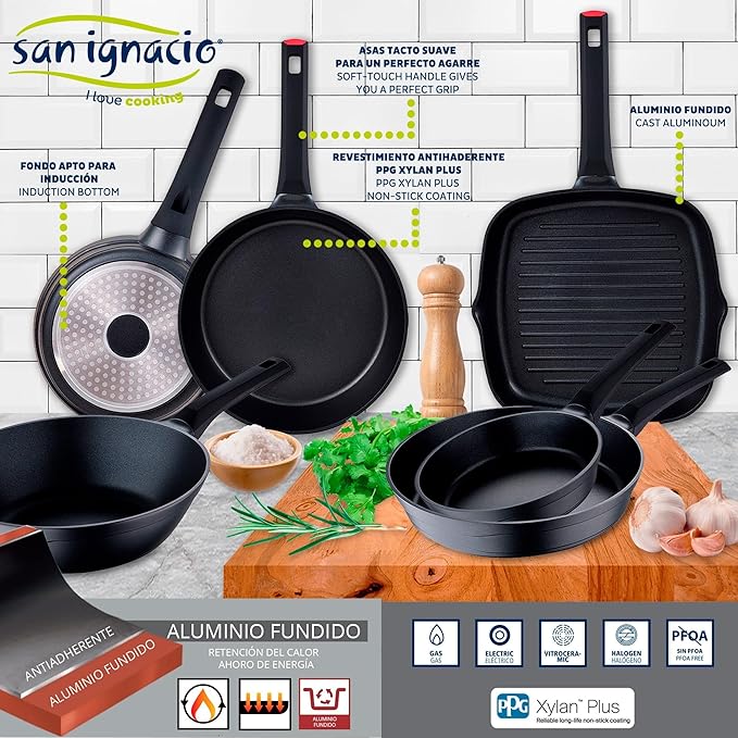 5pc Ø16Ø20Ø24 Cookware Set with Lids + Set of Frying Pans Ø20Ø24Ø28Ø30 Cast Aluminium San Ignacio