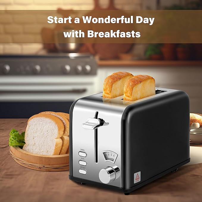 YSSOA Stainless Steel Toaster 2 Slice with 1.5” Wide Slot &amp Removable Crumb Tray 5 Shade Options and Bagel/Defrost/Cancel Functions for Various Bread &amp Waffle Retro Black