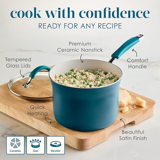 Rachael Ray Cucina Ceramic Nonstick Pots and Pans Set with Saucepans Frying Pans Stockpot Lids and Pan Protectors 10 Piece Non Stick Cookware Set Dishwasher Safe - Marine Blue