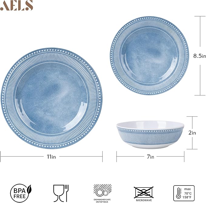 AELS Melamine Dinnerware Set of 12 Pcs Dinner Dishes Set for Indoor and Outdoor Use Melamine Plates and Bowls Set for 4 Dishwasher Safe Lightweight Unbreakable BPA Free Soft Blue