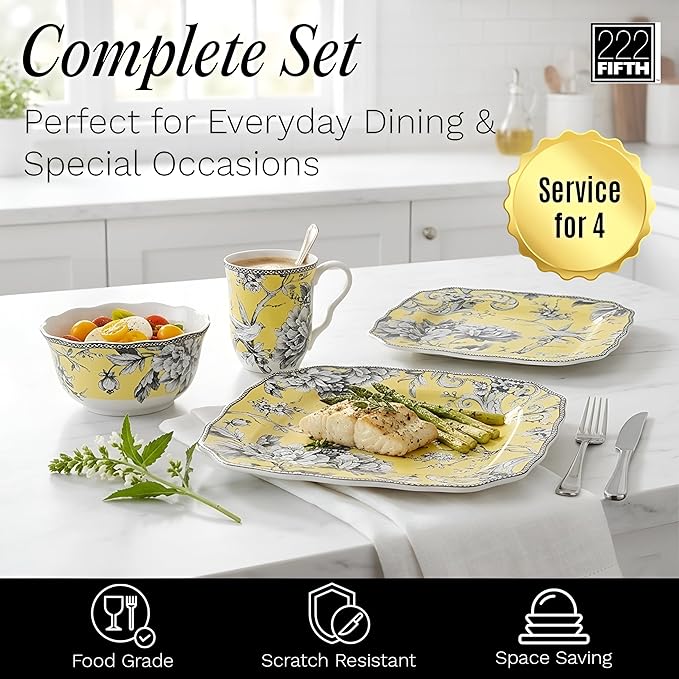 222 Fifth Adelaide 16-Piece Square Floral Dinnerware Set – Service for 4Yellow Porcelain Big Dinner Plates and Bowls Sets for Everyday Entertainment Microwave &amp Dishwasher Safe Chip Resistant