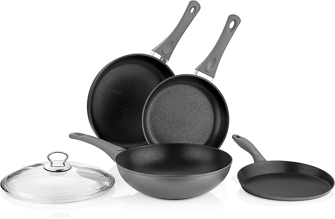 Saflon Titanium Nonstick 5 Piece Wok and Fry Pan Set 4mm Forged Aluminum with PFOA Free Scratch-Resistant Coating from England Dishwasher Safe