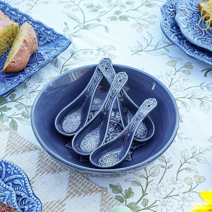 Sungmor Embossed Stoneware Fine Dining Dinnerware Antique Baroque Style Porcelain 5.5 Inch Soup Spoons Set of 4 Blue Ceramic Chinese Spoons Asian Style Spoon for Miso Soup Ramen Dumpling