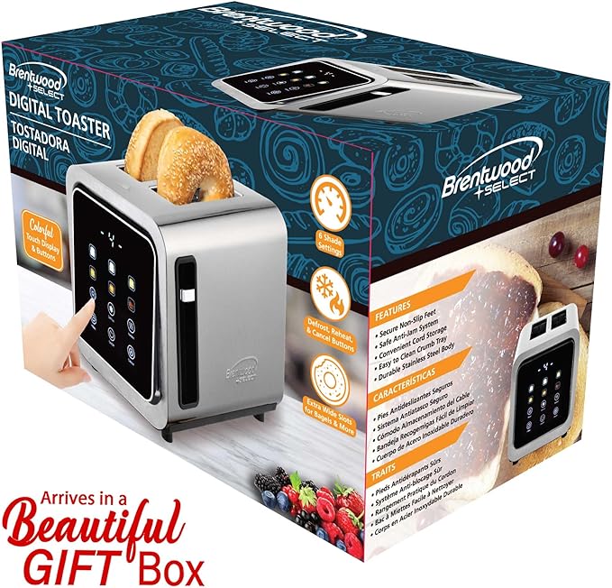 Brentwood TS-228DS Touch Screen 2-Slice Digital Toaster with Extra Wide Slots 6 Shade Settings Bagel Cancel Defrost and Reheat Functions Stainless Steel