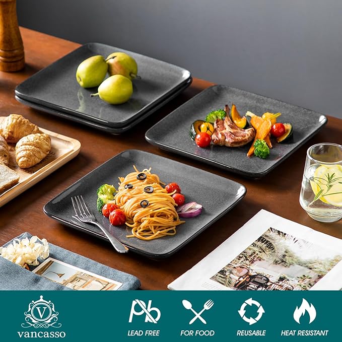vancasso Stern Gray Dinner Set Square Reactive Glaze Tableware 12 Pieces Kitchen Dinnerware Stoneware Crockery Set with Dinner Plate Dessert Plate Bowl Service for 4