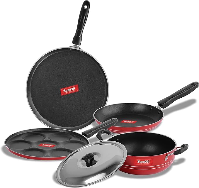 Sumeet 2.6mm Thick Non-Stick Rossu Cookware set (Dosa Tawa – 26.5cm Dia + Multi snack maker – 26.5cm Dia + Kadhai With Lid – 1.5Ltr capacity- 20cm Dia + Tapper pan – 20cm Dia)
