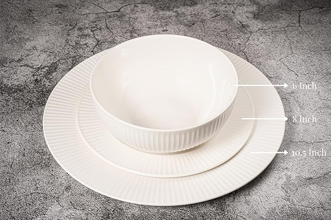 New Bone China 12 Piece Dinnerware Set Santorini Collection (Sun) White Daily Use China Embossed Tableware Service for 4