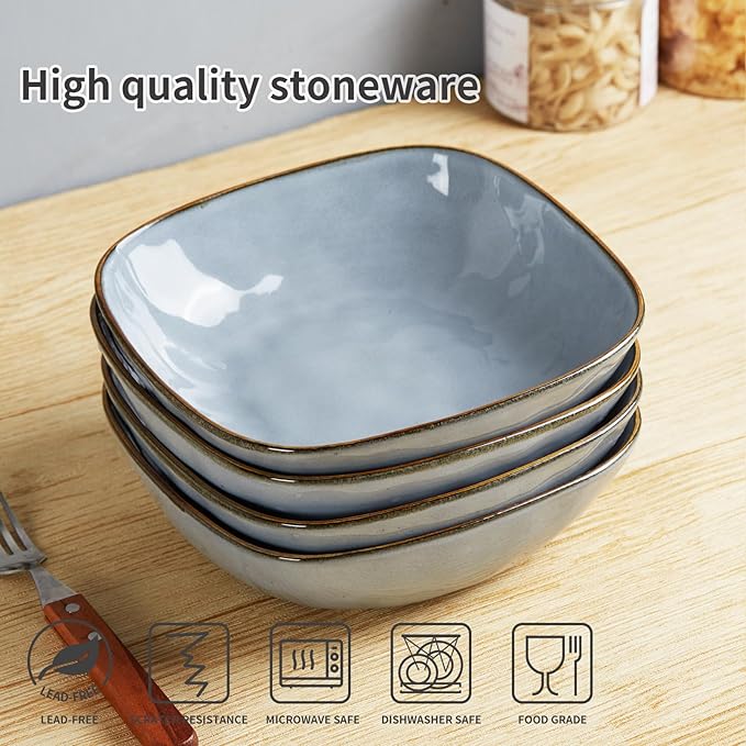 Famiware Ocean Square Plates and Bowls Sets for Kitchen 16-Piece Dinnerware Sets for 4 Reactive Glaze Blue
