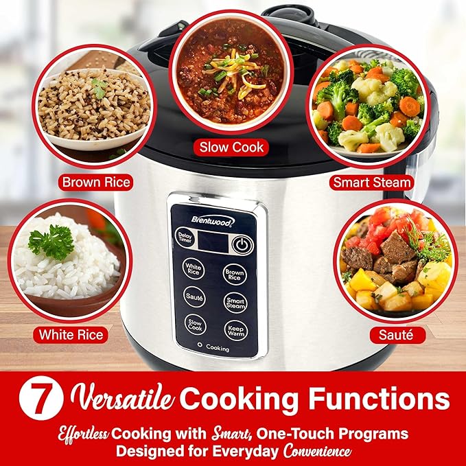 Brentwood 7-Function Smart Rice Multi-Cooker – Food Steamer Slow Cooker Sauté Keep Warm and 15hr Delay Timer with Spatula and Measuring Cup Stainless Steel (16 Cups Cooked / 8 Cups Uncooked)
