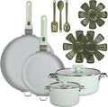 GoodCook Ceramic Cookware Set 14-Piece with Removable Handles Nonstick Pots &amp Pans Induction &amp Oven Safe Sage Green