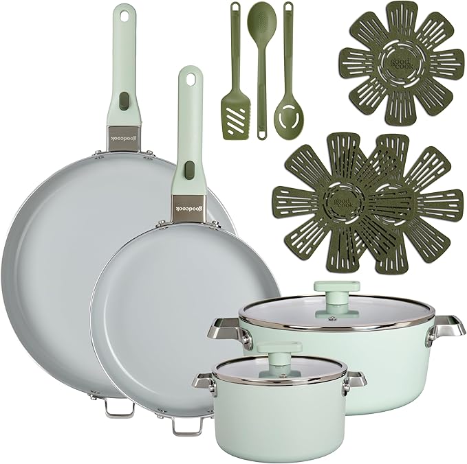 GoodCook Ceramic Cookware Set 14-Piece with Removable Handles Nonstick Pots &amp Pans Induction &amp Oven Safe Sage Green