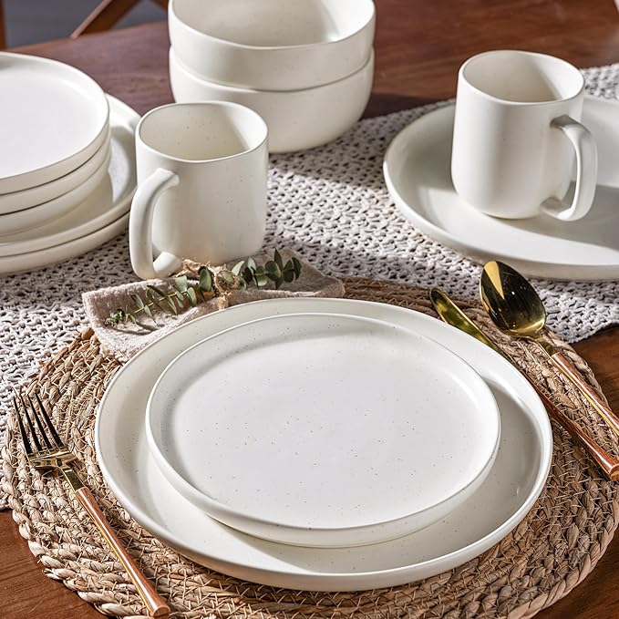 AmorArc Ceramic Dinnerware Sets Wavy Rim Stoneware Plates and Bowls SetsDishwasher &amp Microwave &amp Oven Safe Dishes set Service for 4 (12pc)-Matte Speckled White