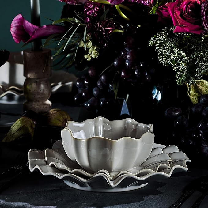 Marchesa Lotus 12-Piece Dinnerware Set Stoneware Plates and Bowls Set Dishwasher and Microwave Safe Dish Set for 4 White
