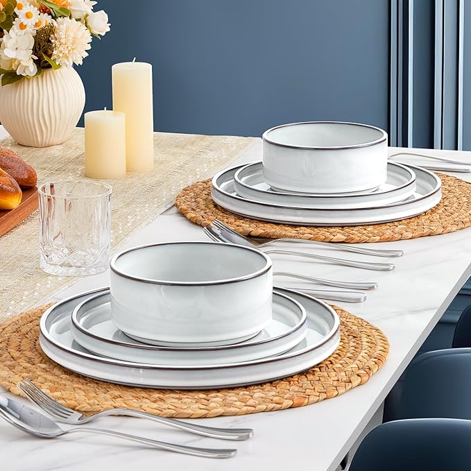 LIANYU Plates and Bowls Dinnerware Sets for 8 24 Piece Stoneware Tableware Dishes Set Includes Dinner Dessert Plate Cereal Bowl Rustic Terracotta Underside Dishwasher &amp Microwave Safe Lucent W