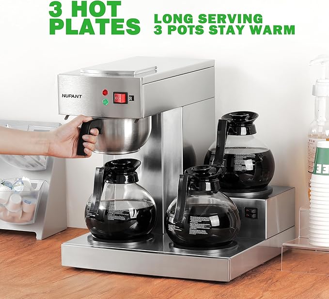 12 Cup Commercial Coffee MakerDrip Coffee Maker Machine with 3 Warmers Plate and 3 Glass Decanters Stainless Steel Pour Over Commercial Coffee Brewer for Restaurant Office Cafe Use