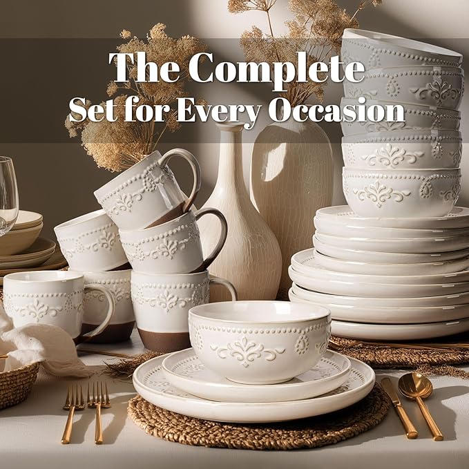 Artena Plates And Bowls Sets 24 Pieces Dinnerware Sets Dish Set For 6 Ceramic Kitchen Bowl And Plate Set Embossed White Dishware Sets Dishwasher &amp Microwave Safe (Damask Floral) (With Mugs)