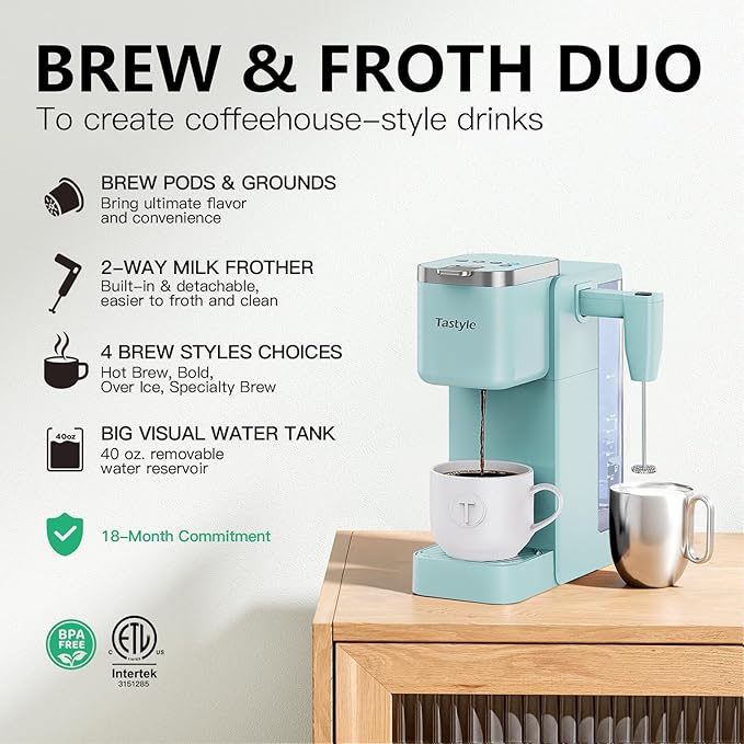 Single Serve Coffee Maker with Built-in Detachable Milk Frother Iced and Hot Coffee Machine for K Cup &amp Grounds 40oz Removable Water Reservoir 6 Cup Sizes Fits 7.3 Travel Mug Teal