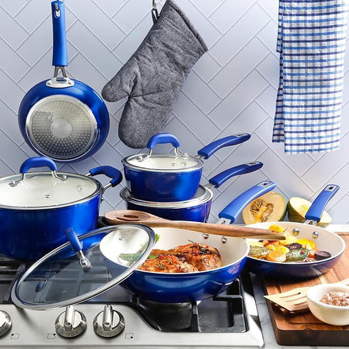 12-Piece Ceramic Nonstick Cookware Set – Aluminum Pots and Pans with Induction-Ready Base Healthy Non-Toxic Cooking Surface Oven Safe Metallic Red and Blue (Blue)
