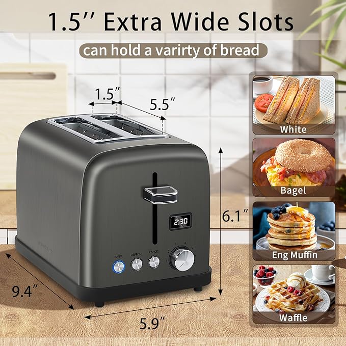 SEEDEEM Toaster 2 Slice LCD Display 7 Shade Settings 1.4'' Wide Slots Stainless Steel Digital Toaster for Bagel Defrost Reheat Removable Crumb Tray 900W Grey