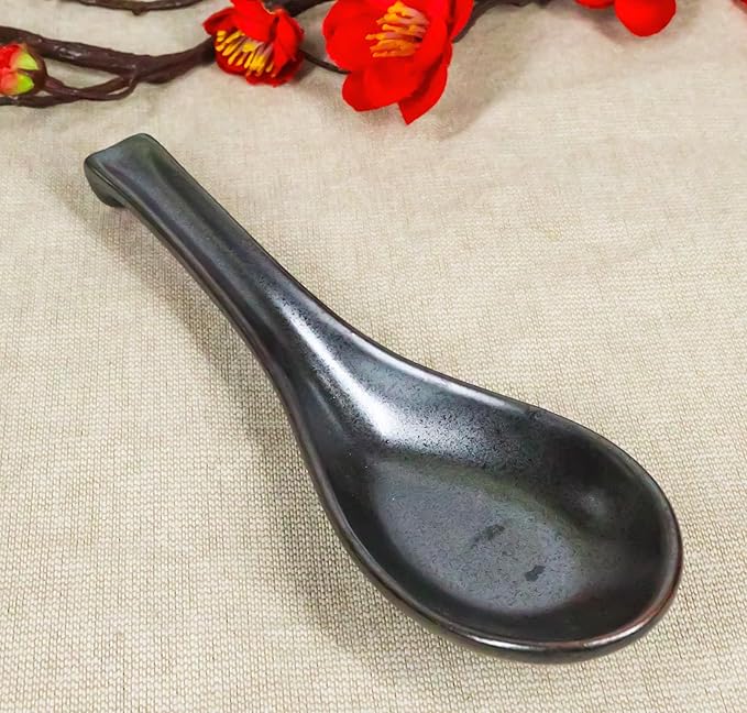 Ebros Gift Iron Black Clay Underglaze Technique Tetsu Kesho Porcelain Dinnerware Kitchen Set Asian Japanese Restaurant Supply (Pack of 6 Asian Soup Spoons With Hook)