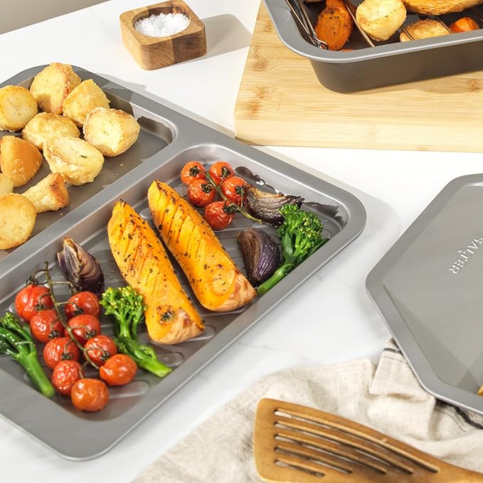 Salter Essentials Split Baking Tray – Non-Stick Coating Rectangular Dual Baking Tray Dishwasher Safe Easy to Clean Made in The UK Durable Carbon Steel Lightweight Oven Sheet PFOA-Free BW13673