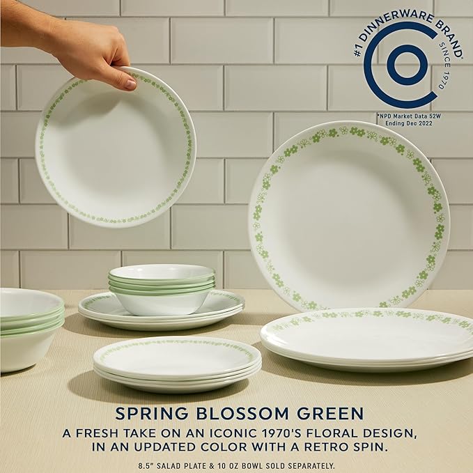 Corelle Vitrelle 18 Piece Glass Dinnerware Sets Service for 6 Triple Layer Chip &amp Crack Resistant Glass Plate and Bowl Sets Spring Blossom Green