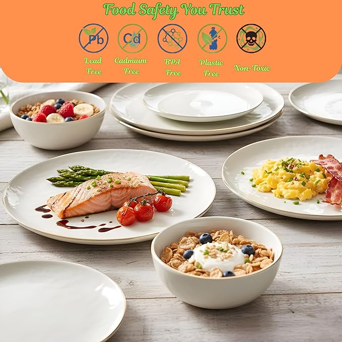 Sango 12-Piece Lightweight Porcelain Dinnerware Set for 4 Glossy Vanilla White Plates and Bowls Sets Gold Rims Farmhouse Ceramic Dish Set Rustic Dishes Microwave and Dishwasher Safe Gansevoort