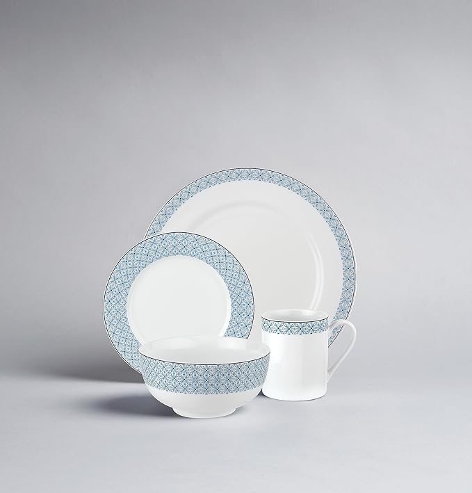 Portmeirion Home Mallorca 16 Piece Porcelain Dinnerware Set with Blue Geometric Border 4 Place Settings - Ideal for Weekday Meals Casual Brunches Relaxed Dinner Parties Small Family Celebrations