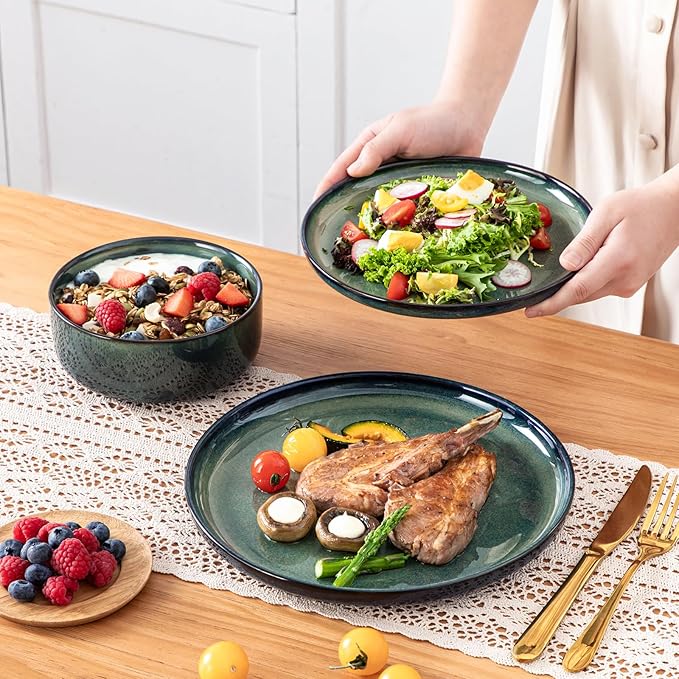 vancasso Starry 12 Pieces Dinnerware Sets for 4 Green Reactive Glaze Dishes Sets Ceramic Plates and Bowls Set Dinner Salad Dessert Plates and Cereal Bowls Set Dishwasher and Microwave Safe