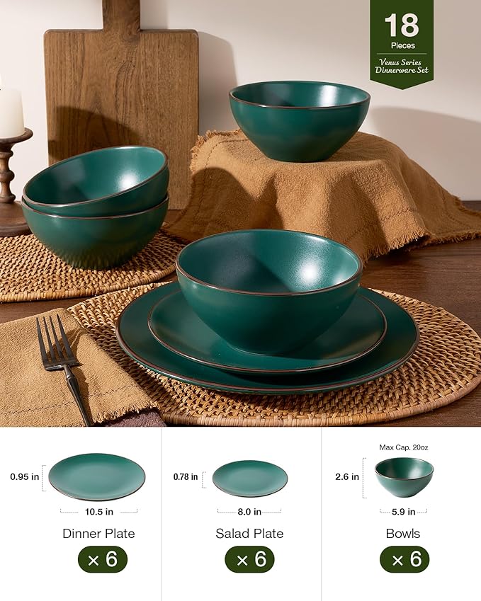 Famiware Venus Plates and Bowls Sets 18 Pieces Stoneware Speckled Dinnerware Dishes Set for 6 Matte Dark Green - Microwave &amp Dishwasher Safe Modern Minimalist for Everyday Meals &amp Formal D