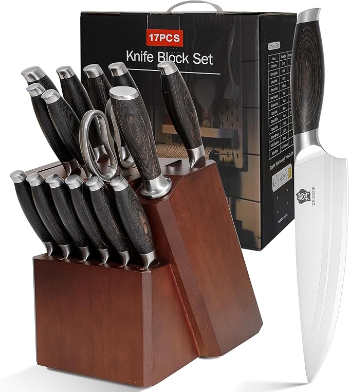 WILDMOK Kichen Knife Block Set 17-piece Knife Set with Wooden Block German Steel Kitchen Knives Sets with Bone Chopper Gift Box