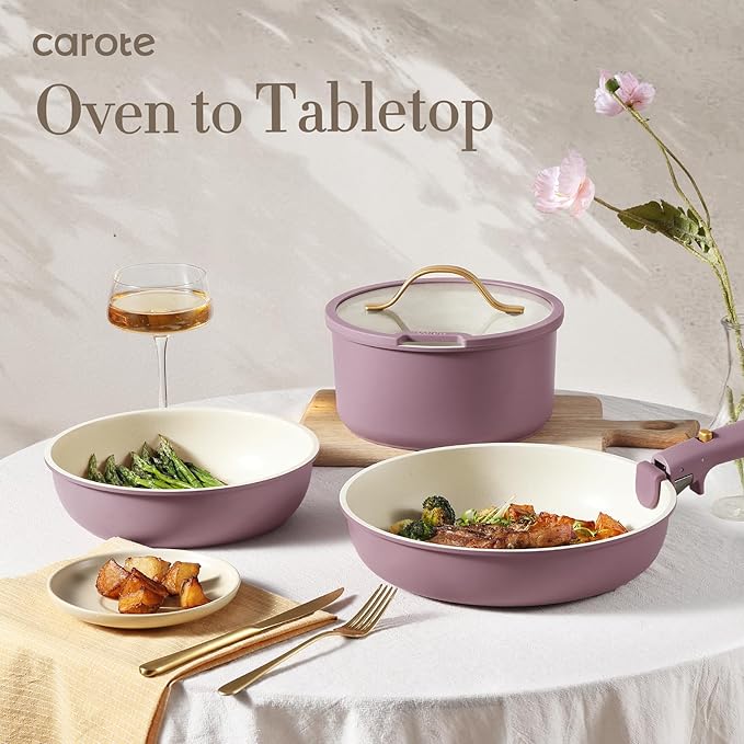 CAROTE 5pcs Pots and Pans Set Nonstick Cookware Set Detachable Handle Induction Kitchen Cookware Sets Non Stick with Removable Handle RV Cookware Set Gold and Purple