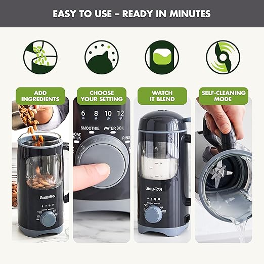 GreenPan Nut Milk Maker 15-in-1 Homemade Soy Almond Oat Coconut Non-Dairy Rice Soup Baby Food BPA-Free Smooth Creamy Texture Self Clean Barista Quality Milk Delay Start Boil Water Gray