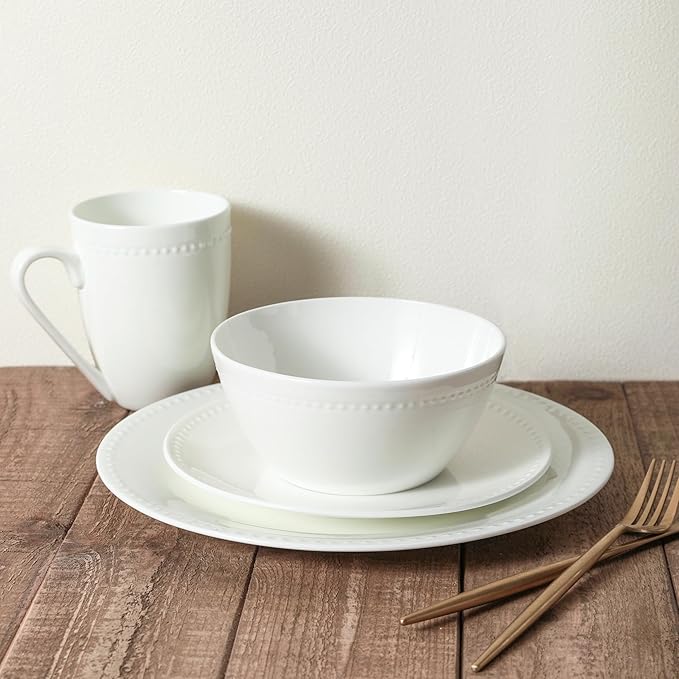 Stone lain Bone China Pinpoint Embossed 32 Piece Dinnerware Set White