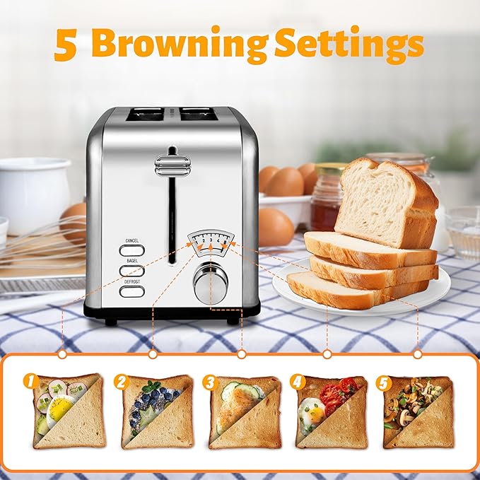 Simple Deluxe 2-Slice Stainless Steel Toaster 5 Browning Setting and 3 Function Extra Wide Slot Toaster with Removable Crumb Tray Silver