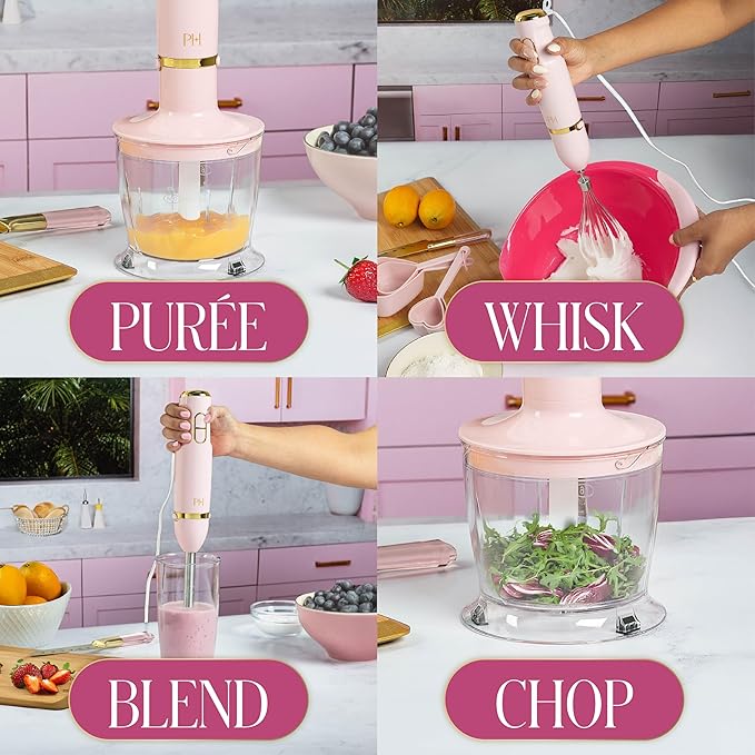 Paris Hilton Hand Blender Set 3-in-1 Immersion Blender with Whisk Blending &amp Chopper Attachments 400W High Speed Pink with Gold Accents – Smoothies Soups Sauces Baby Food Whipped Cream Pi