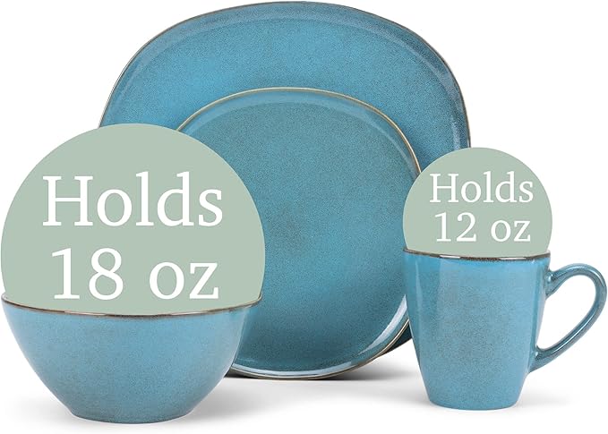 Elanze Designs 16-Piece Modern Luxury Chic Smooth Vintage Handmade Shape High Gloss Ceramic Stoneware Square Plate Mug &amp Bowl Kitchen Dinnerware 16 Piece Set - Service for 4 Turquoise