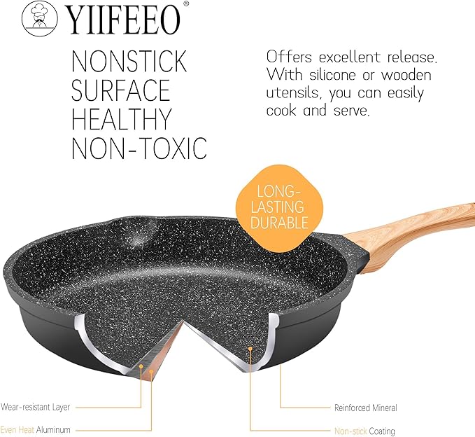 Non Stick Frying Pan Set - YIIFEEO Granite Skillet Set with 100% PFOA &amp PTFE Free Induction Egg Omelette Pans for Cooking Pan Set Cookware Set Nonstick Pots and Pans Set Gift for Women