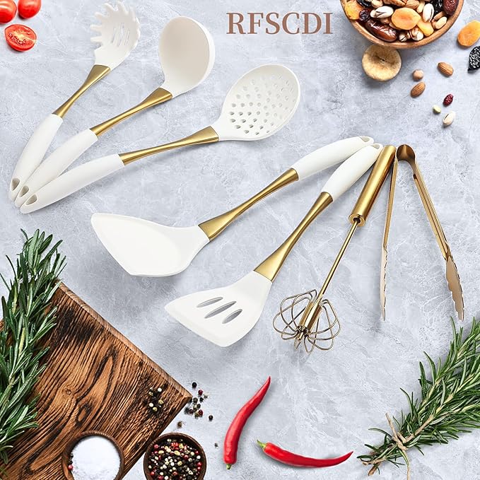 Elegant White Gold Silicone Cooking Utensils Set - Non-Toxic Dishwasher Safe Kitchen Utensils Set with Heat Resistant Comfort Handles - Includes Spatula &amp Spoon for Nonstick Cookware