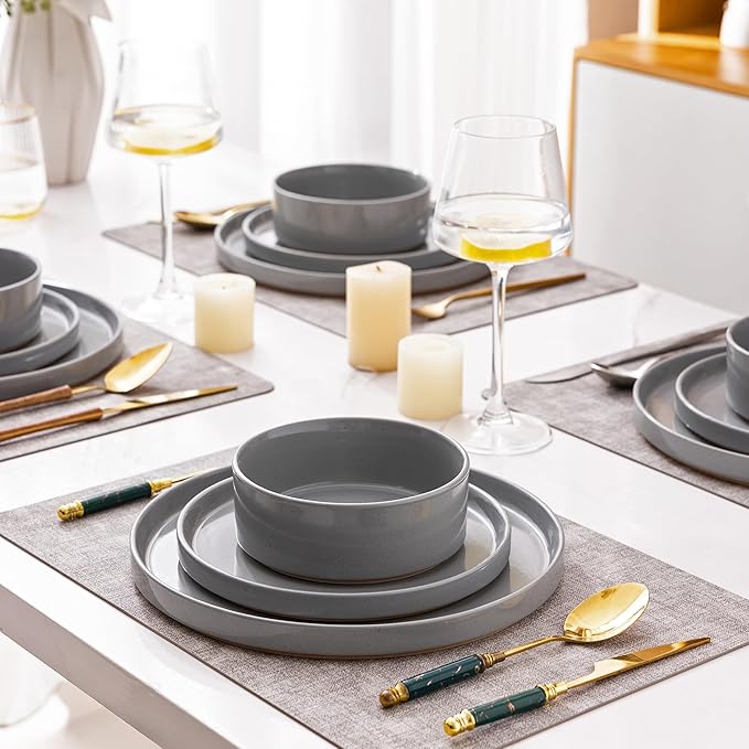 AmorArc Ceramic Dinnerware Set for 8 | Speckled Stoneware Plates and Bowls with Rustic Terracotta Underside| Scratch ResistantDishwasher &amp Microwave Safe Dishes Sets- 24pcs Gray