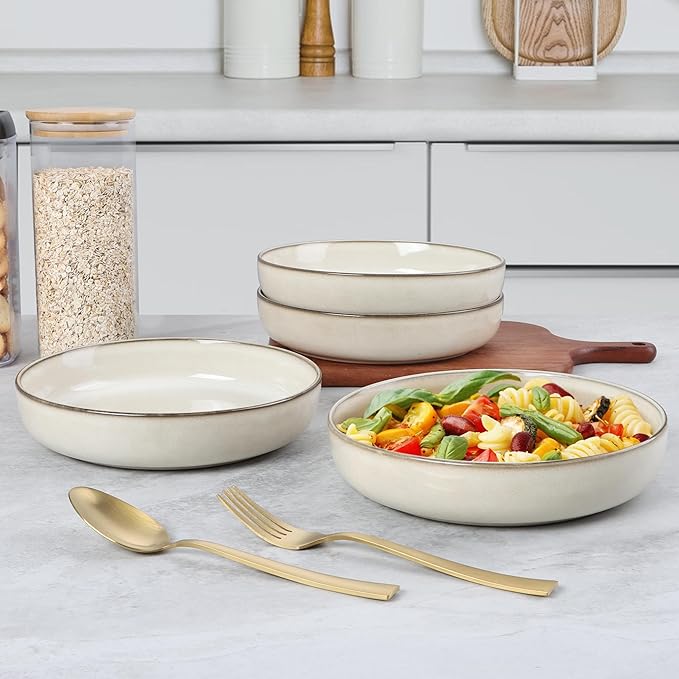 E-far Dinnerware Sets for 4 16-Piece Stoneware Plates and Bowls Set Reactive Glaze Dishes Dinning Ware Set Chip &amp Scratch Resistant Microwave &amp Dishwasher Safe - Sandy Beige
