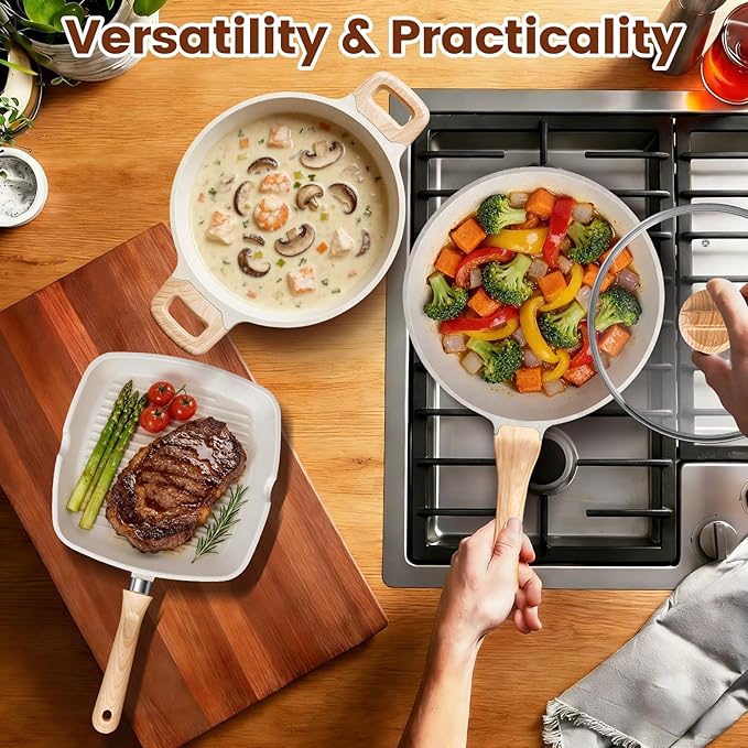 AOSION 27PCS Pots and Pans Set Nonstick Ceramic Cookware Set Healthy Kitchen Cooking Set with Gloves Apron Silicone Tools &amp Pot Protectors Oven &amp Dishwasher Safe PFOA/PFOS FreeIvory