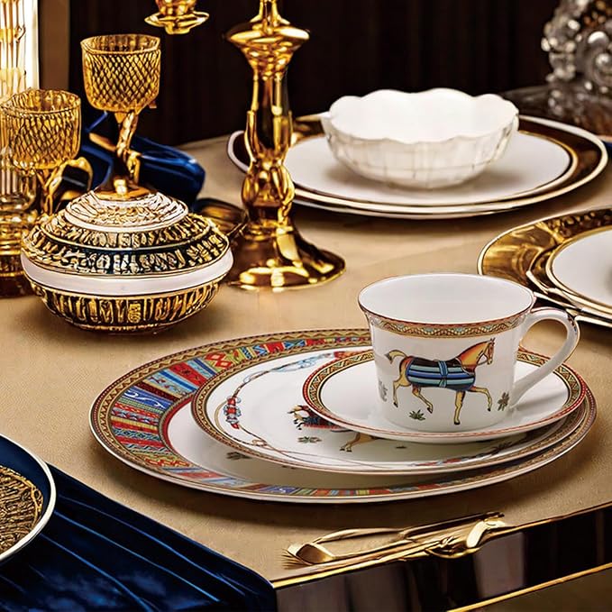 European Style Dinnerware Set Service for 6 Bone China Dinnerware Sets Unbreakable Porcelain Dinner Sets Coffee Cup and Saucer Tableware Set Steak Dinner Plates Dish Set horse-07